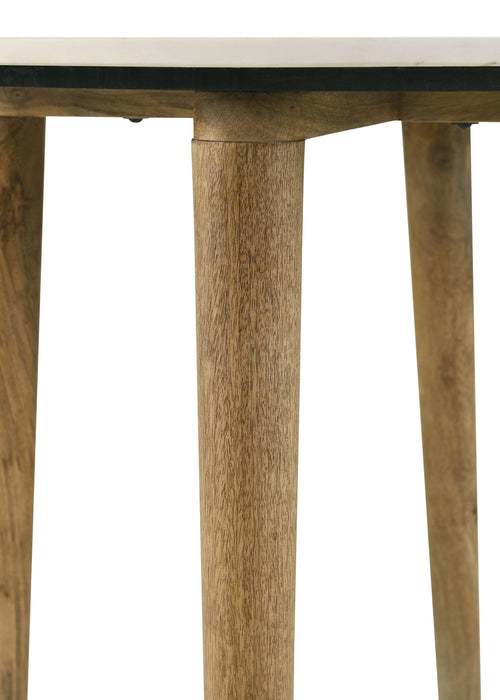 CoasterEveryday Aldis round side end table with white marble top and natural wood finish