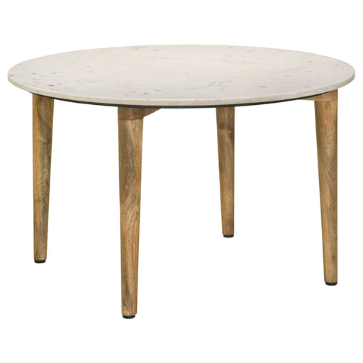 CoasterEveryday Aldis round coffee table with white marble top and natural wood base