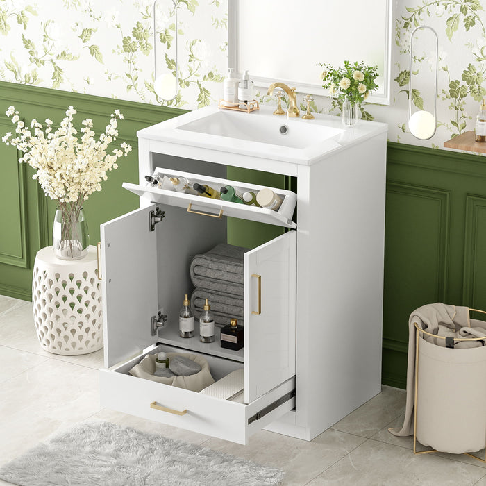 Modern Giga bathroom vanity with integrated ceramic sink, two-door cabinet, and tip-out drawer for stylish storage.
