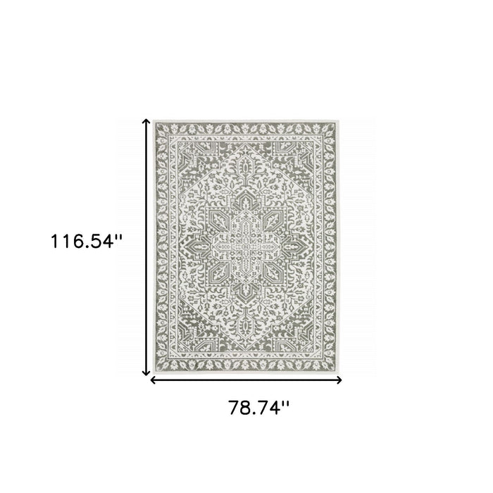 6.6' x 9.7' Oriental Power Loom Area Rug - Gray And White