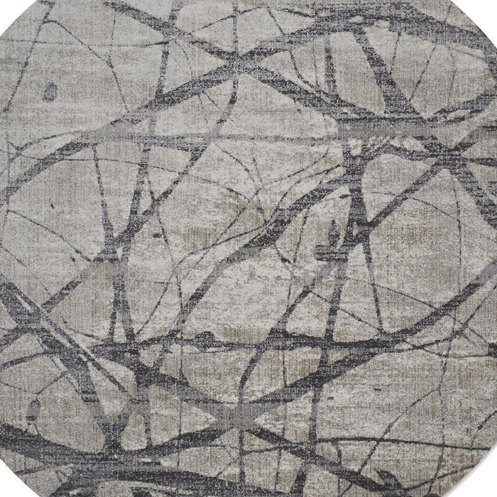 9' Round Abstract Stain Resistant Area Rug - Taupe Gray And Ivory
