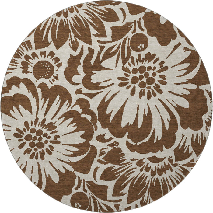 8' Floral Washable Round Rug With UV Protection (648625) - Brown / Ivory