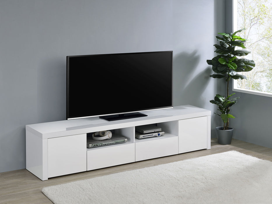 CoasterEveryday Jude 2-door engineered wood TV stand in high gloss white with 79-inch width and sleek modern design