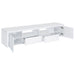 White high gloss Jude 2-door engineered wood TV stand with clean lines and modern design, 79 inches wide.