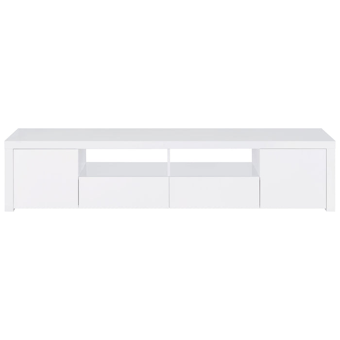 CoasterEveryday Jude 79-inch white engineered wood TV stand with high gloss finish, featuring two doors and modern furniture style.