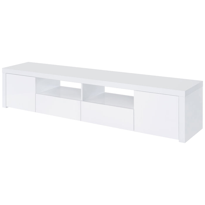 CoasterEveryday Jude 2-door engineered wood TV stand in high gloss white, 79-inch modern furniture for living room storage