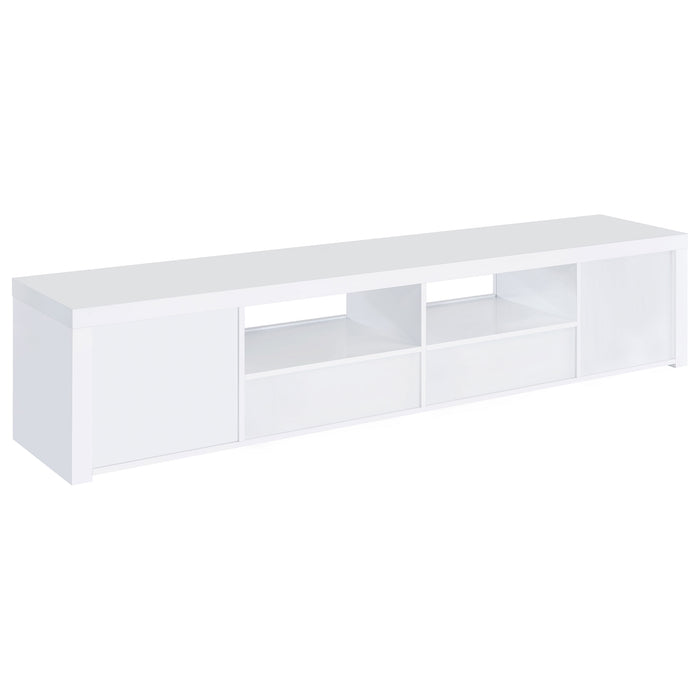 CoasterEveryday Jude 79-inch white high gloss engineered wood TV stand with two doors, modern furniture for living room entertainment.
