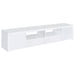 CoasterEveryday Jude 79-inch white high gloss engineered wood TV stand with two doors, modern furniture for living room entertainment.