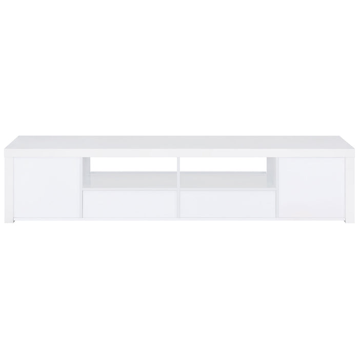 White CoasterEveryday Jude 2-door engineered wood TV stand with a high gloss finish, 79-inch width, modern furniture design.