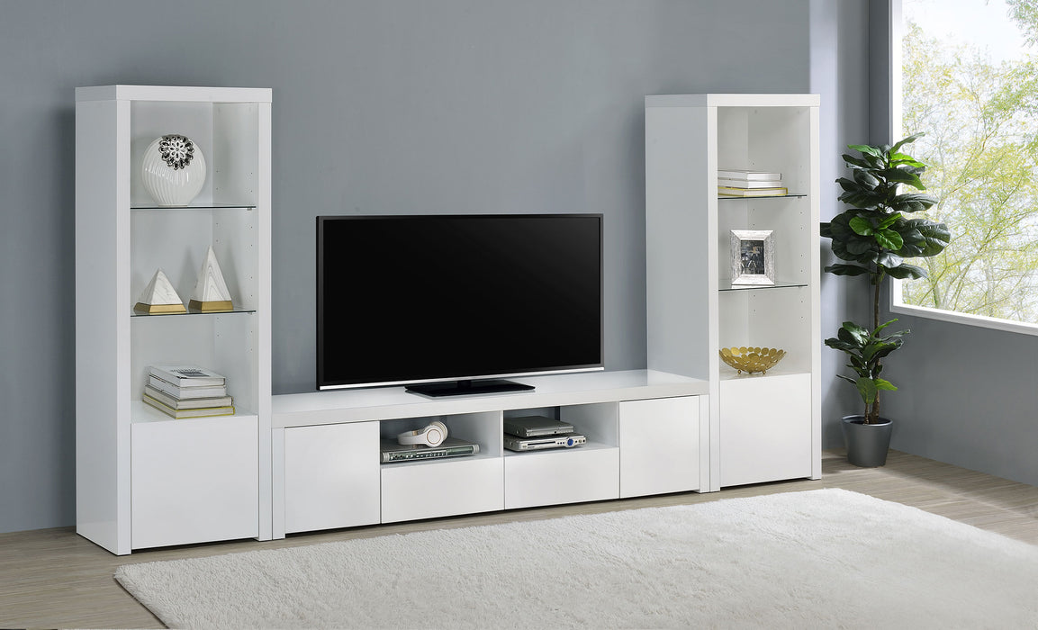 White Jude 2-door engineered wood TV stand with high gloss finish, 79 inches wide, modern furniture by CoasterEveryday.