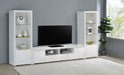 White Jude 2-door engineered wood TV stand with high gloss finish, 79 inches wide, modern furniture by CoasterEveryday.