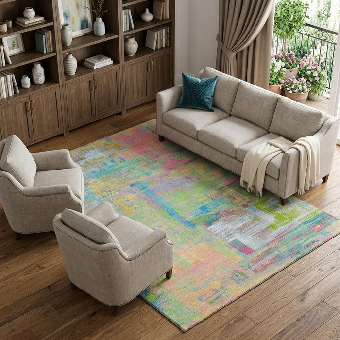 10' X 14' Abstract Washable Area Rug With UV Protection (693096) - Pink / Teal / Lime Green
