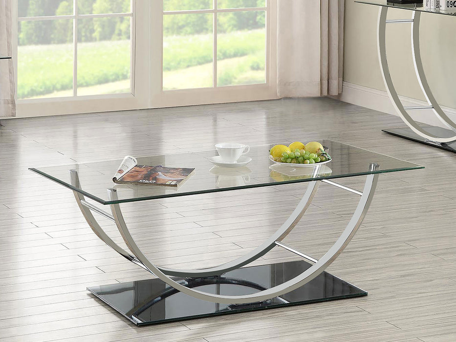 CoasterEssence Danville rectangular U-shaped chrome coffee table with clear glass top