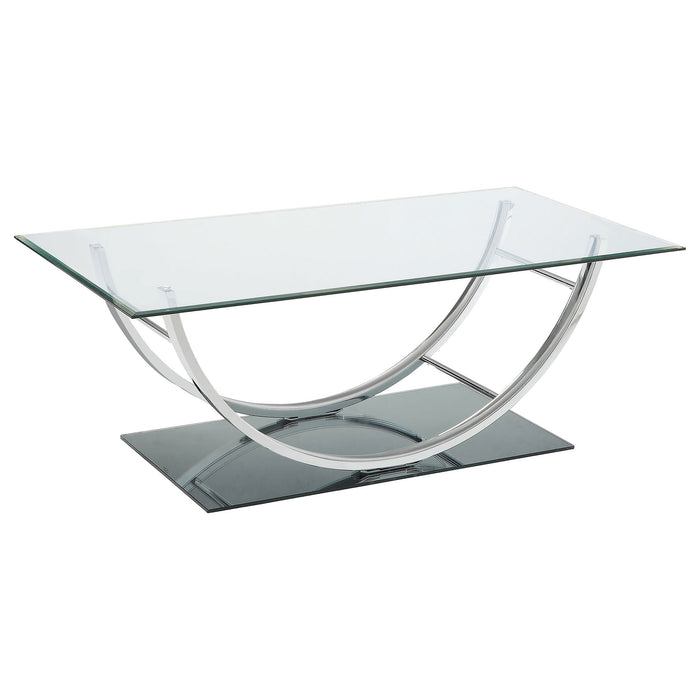 CoasterEssence Danville rectangular U-shaped coffee table with clear glass top and chrome frame