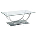 CoasterEssence Danville rectangular U-shaped coffee table with clear glass top and chrome frame