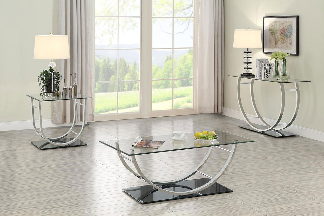 CoasterEssence Danville rectangular U-shaped coffee table with clear glass top and chrome frame