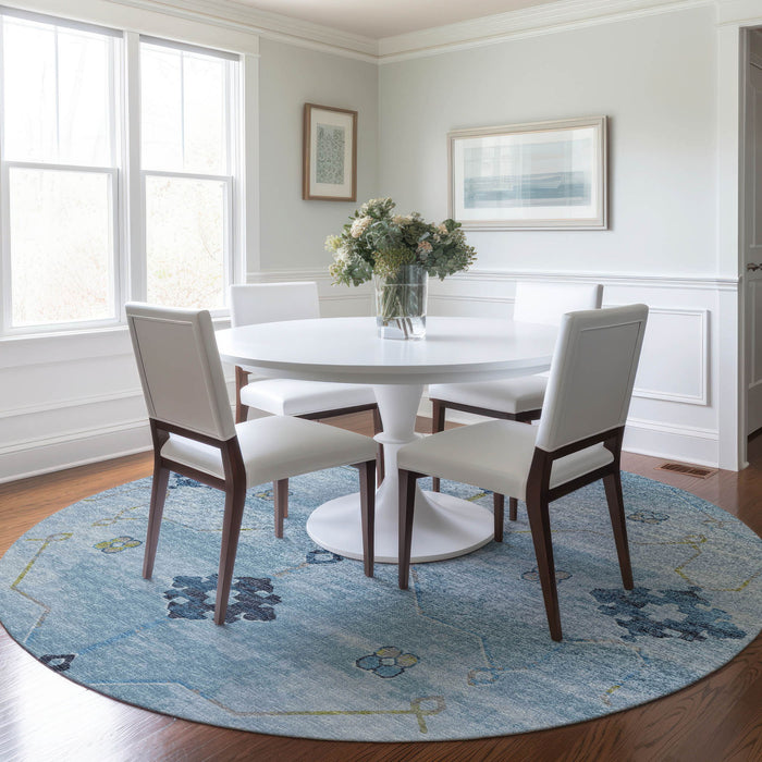 8' Floral Medallion Washable Round Rug With UV Protection - Blue And Olive