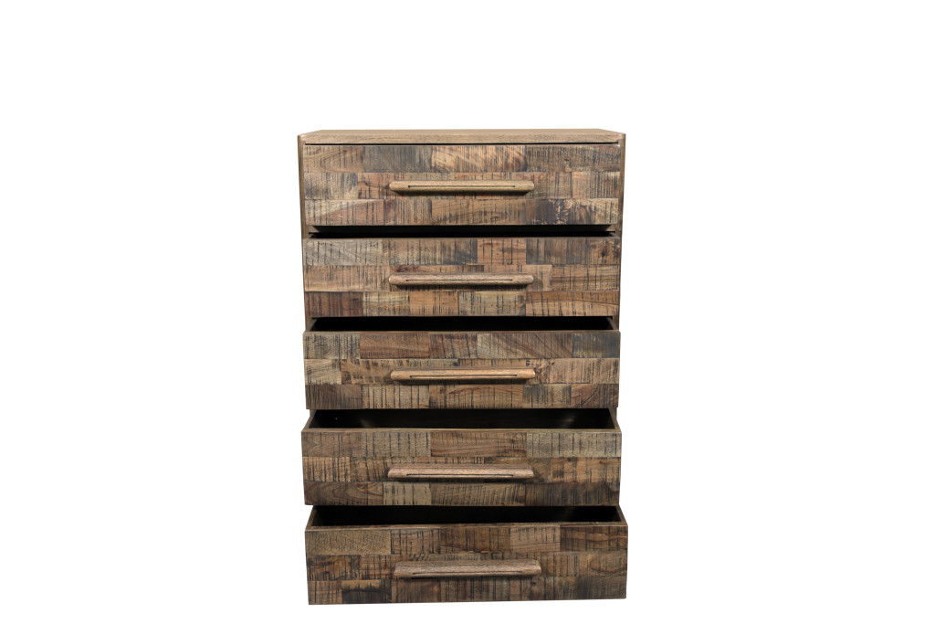 35" Carved Geometric Solid Wood Five Drawer Dresser - Brown