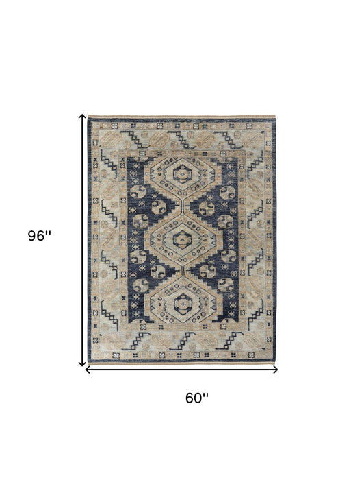5' x 8' Wool Geometric Hand Knotted Area Rug With Fringe - Blue And Ivory