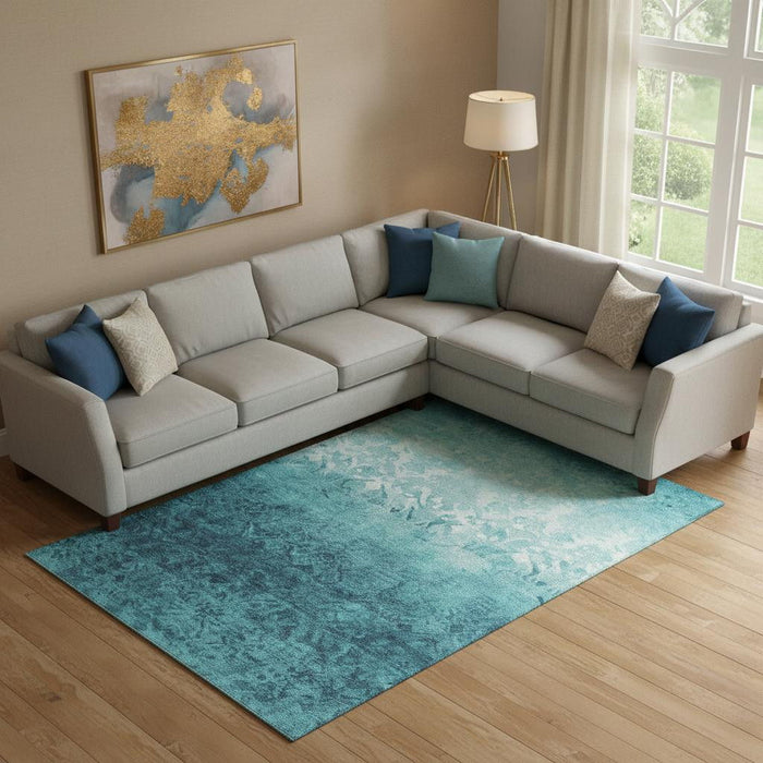 10' X 14' Damask Washable Area Rug With UV Protection (709450) - Teal / Ivory