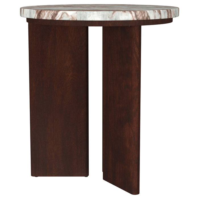 Jenna Round Marble Top Mango Wood Side End Table Brown