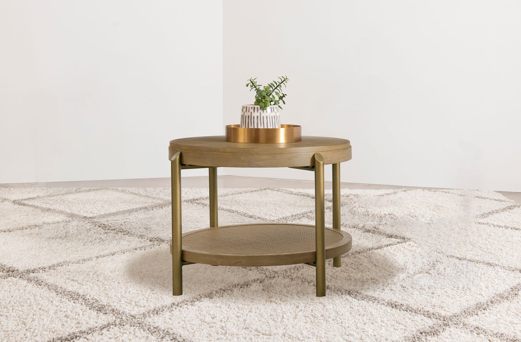 Arini round end side table with storage shelf in sand wash by CoasterEveryday