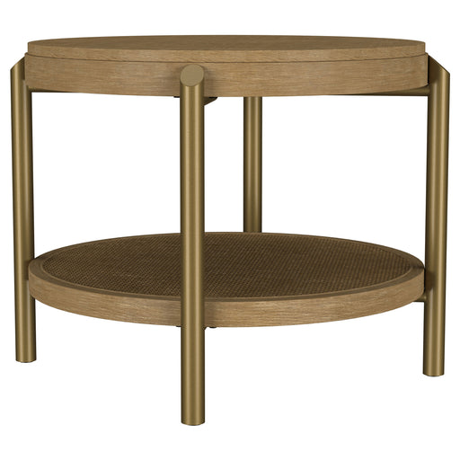CoasterEveryday Arini round end side table with storage shelf in sand wash finish