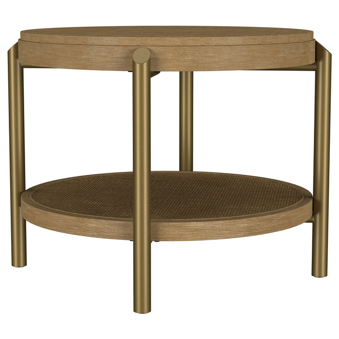 CoasterEveryday Arini round end side table with storage shelf in sand wash finish