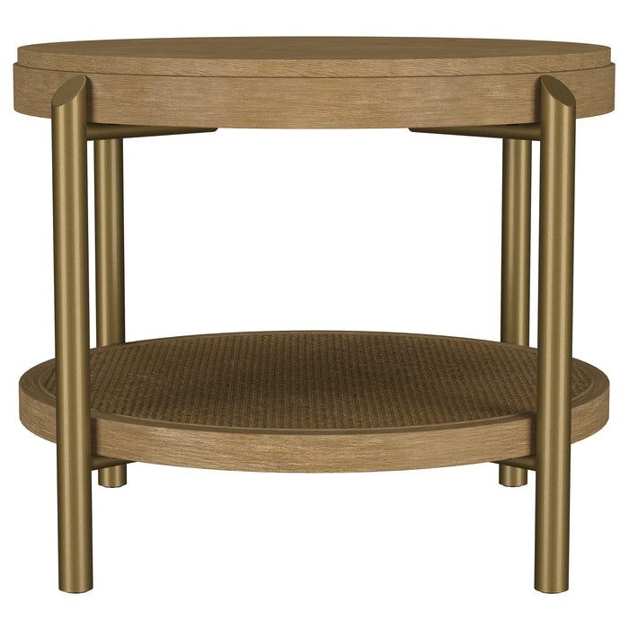 CoasterEveryday Arini round end side table with storage shelf in sand wash finish