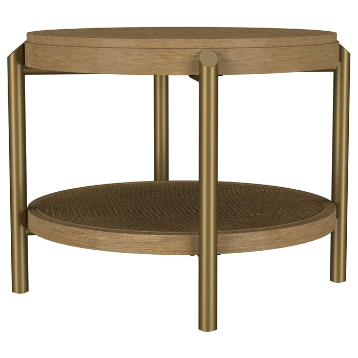 CoasterEveryday Arini round end side table in sand wash with lower storage shelf