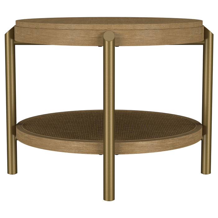 CoasterEveryday Arini round end side table in sand wash with lower storage shelf