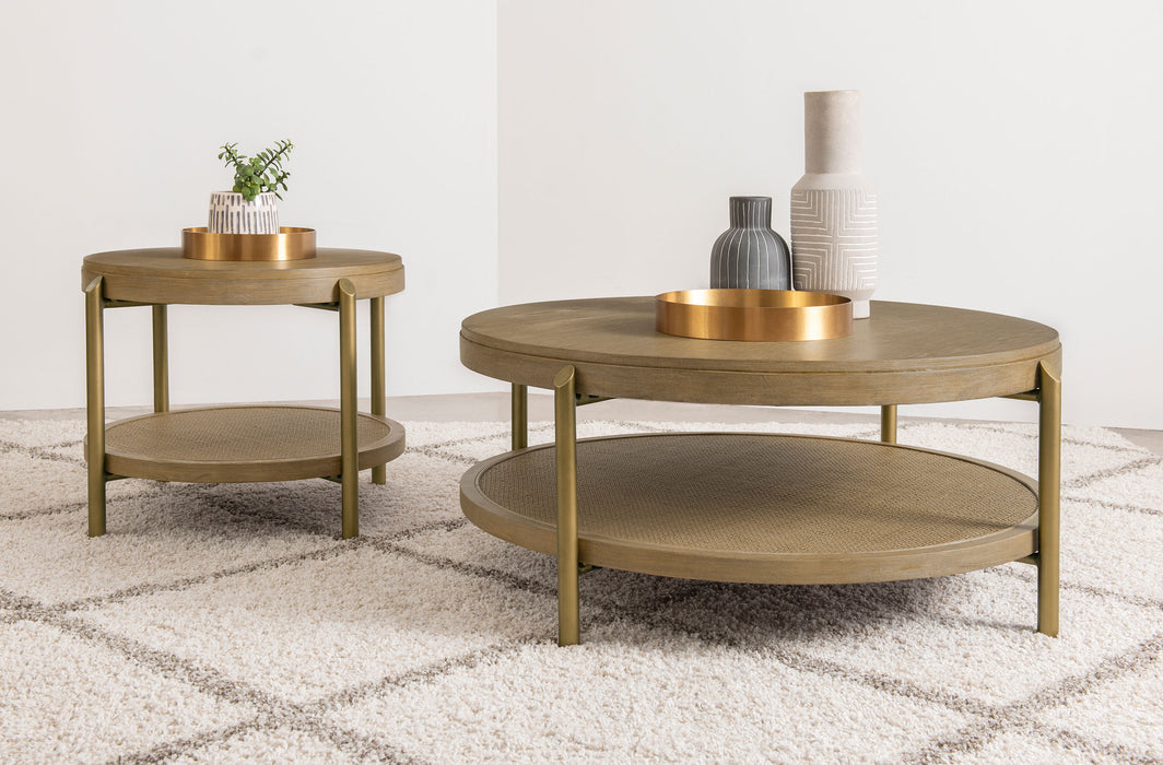 CoasterEveryday Arini round end side table in sand wash with lower storage shelf