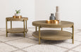CoasterEveryday Arini round end side table in sand wash with lower storage shelf