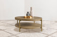 CoasterEveryday Arini round coffee table in sand wash with lower storage shelf