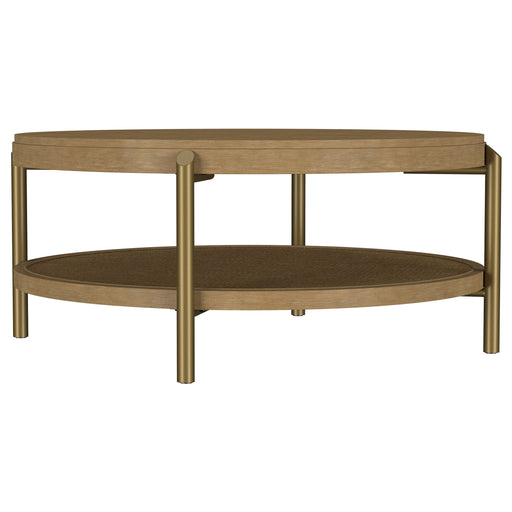 CoasterEveryday Arini round coffee table in sand wash with lower storage shelf