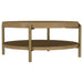 CoasterEveryday Arini round coffee table in sand wash with lower storage shelf