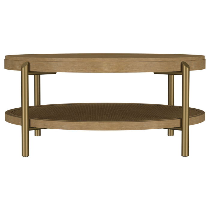 Arini Round Coffee Table by CoasterEveryday with Sand Wash Finish and Lower Storage Shelf
