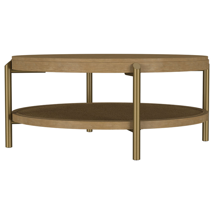 CoasterEveryday Arini round coffee table in sand wash with lower storage shelf