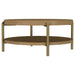 CoasterEveryday Arini round coffee table in sand wash with lower storage shelf