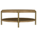 CoasterEveryday Arini round coffee table in sand wash with lower storage shelf