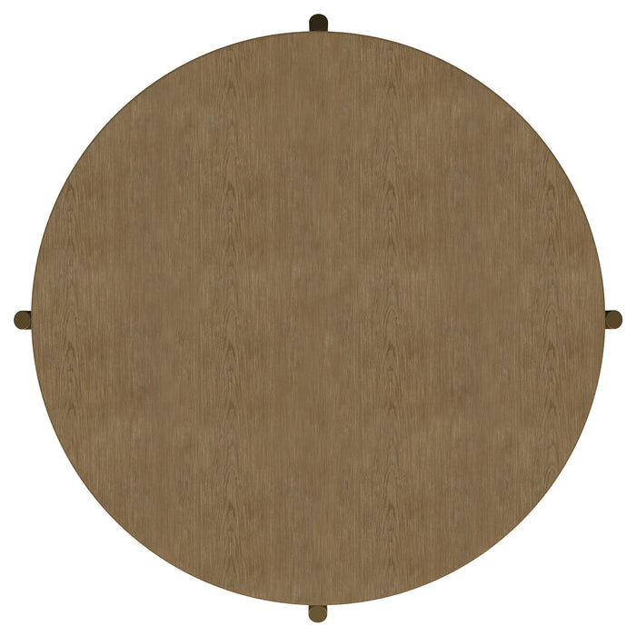 CoasterEveryday Arini round coffee table in sand wash with lower storage shelf
