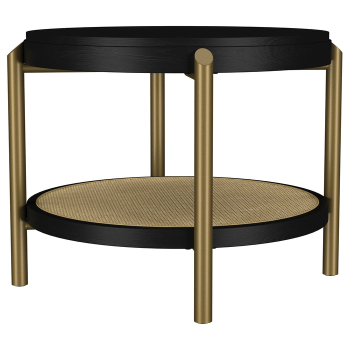 Arini Round End Side Table by CoasterEveryday in black with a lower storage shelf