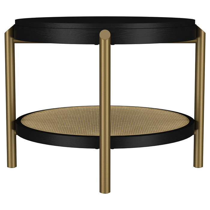 Arini round end side table by CoasterEveryday in black with a lower storage shelf