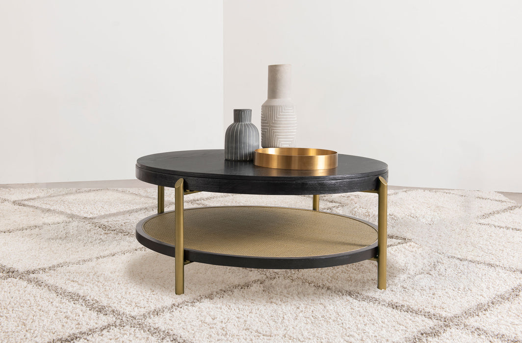CoasterEveryday Arini round black coffee table with lower storage shelf