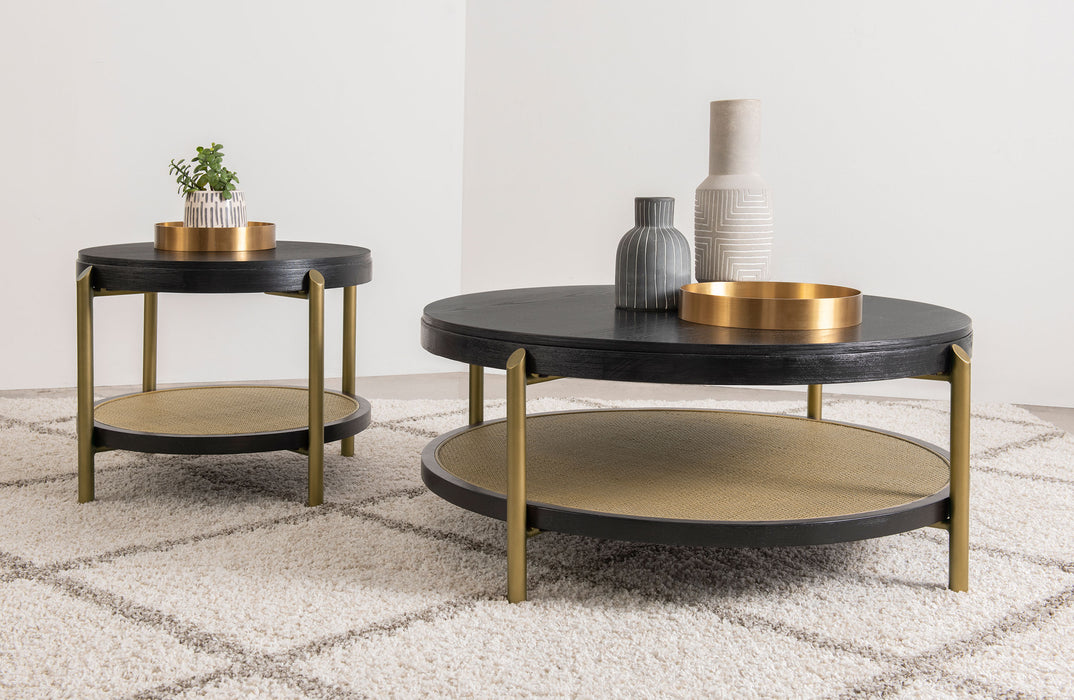 Arini round black coffee table by CoasterEveryday with lower storage shelf
