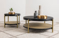 Arini round black coffee table by CoasterEveryday with lower storage shelf