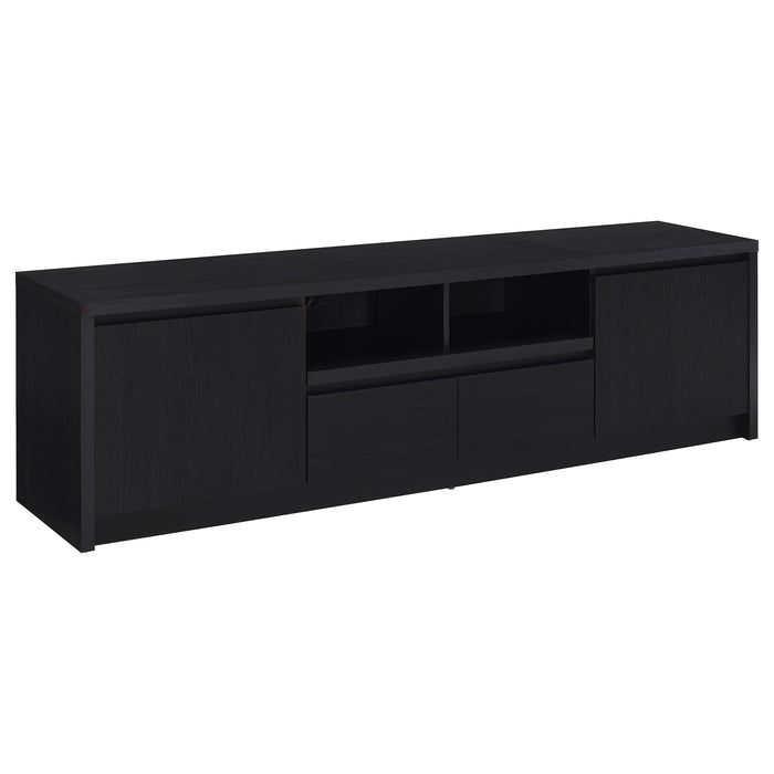 Black Winfield 3-piece entertainment center with a 78-inch TV stand from CoasterEveryday, featuring multiple open and closed storage compartments.