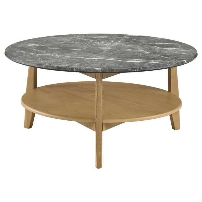 Bradley 2-piece round SmartTop coffee table set by CoasterEveryday in grey and natural finish