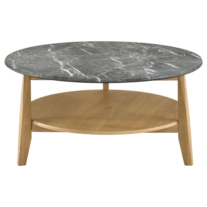 Bradley 2-piece round SmartTop coffee table set by CoasterEveryday in grey and natural finish