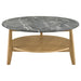 Bradley 2-piece round SmartTop coffee table set by CoasterEveryday in grey and natural finish